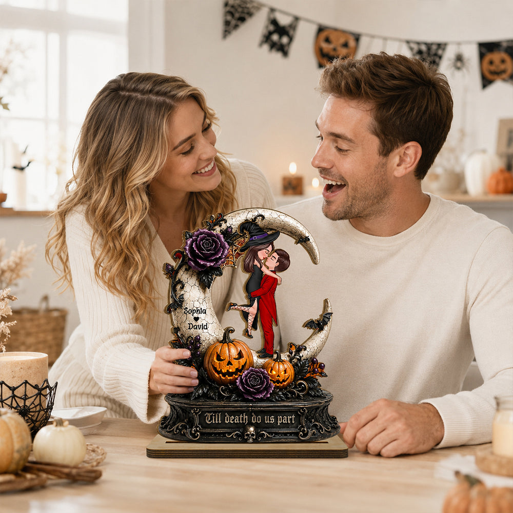 2-Layer Wooden Plaque with Spooky Couple & Pumpkins, Custom Romantic Keepsake, Creative Gift for a Couple