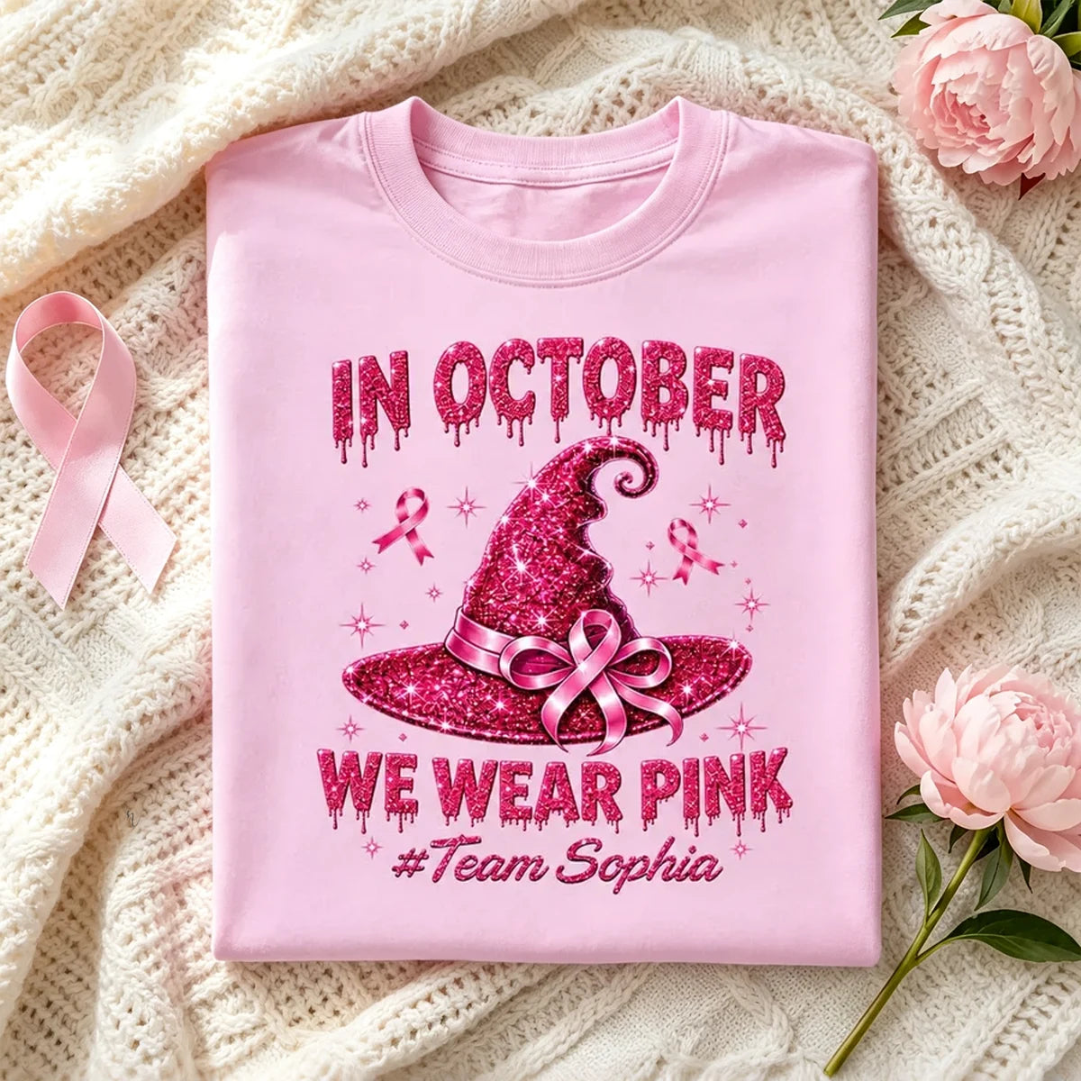In October We Wear Pink Personalized Classic Tee, Sparkling Witch Hat, Creative Gift for Supporters
