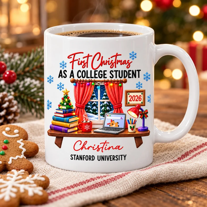 First Christmas as a College Student Mug, Personalized Heartwarming Keepsake, Creative Gift for Student