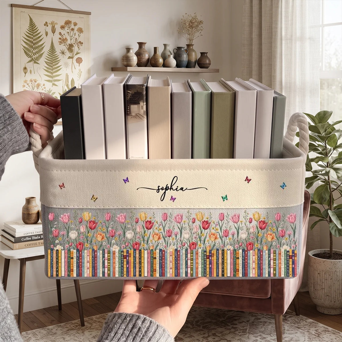 Personalized Cotton Linen Rope Basket with Cozy Bookshelf Flowers & Butterflies, Creative Gift for a Book Lover
