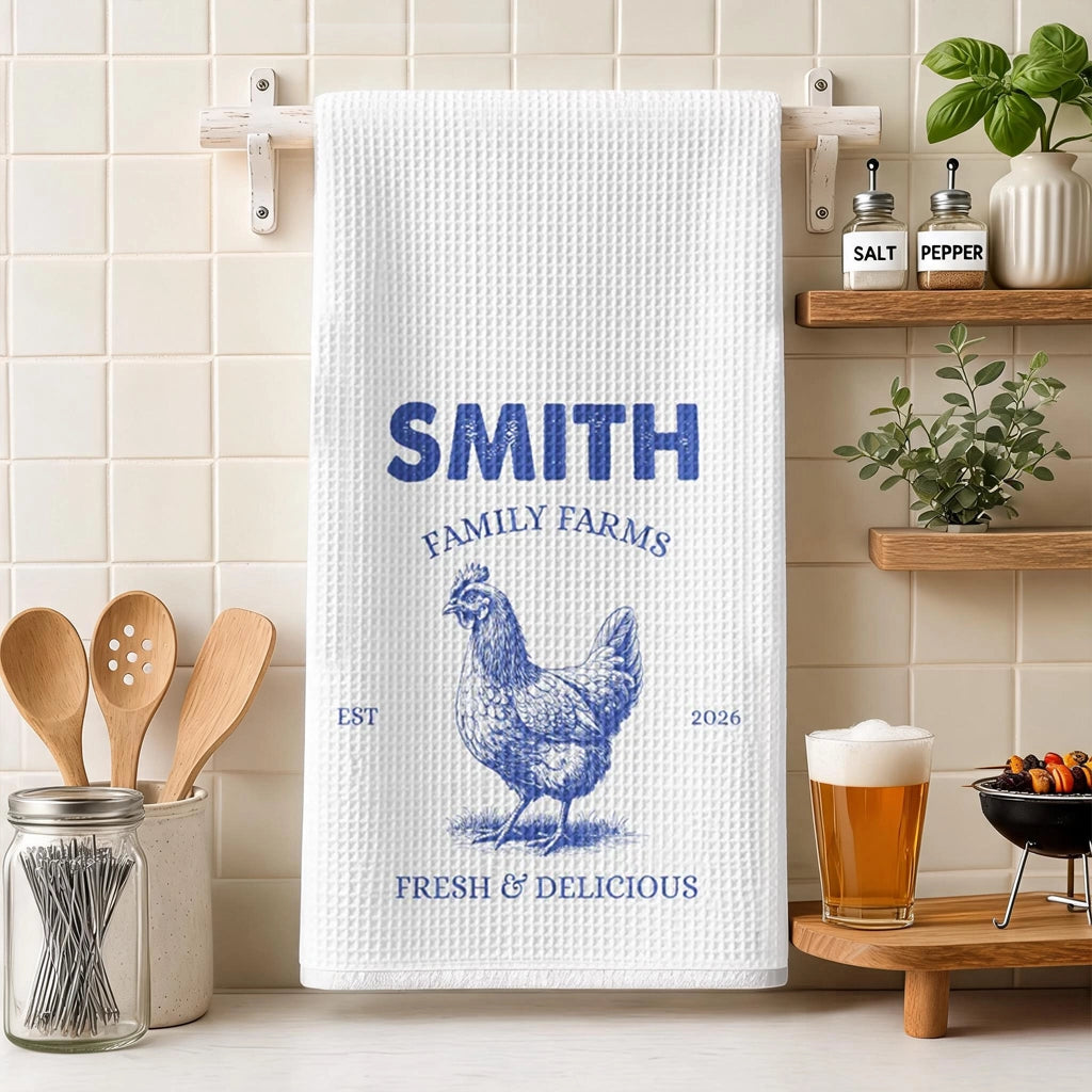 Personalized Kitchen Towel with Chicken Family Farm Art, Unique Gift for Farmhouse Kitchen Decor