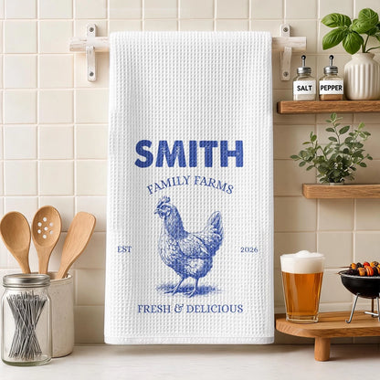 Personalized Kitchen Towel with Chicken Family Farm Art, Unique Gift for Farmhouse Kitchen Decor