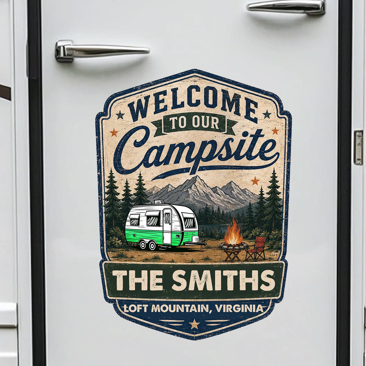 Personalized Campsite Sticker Decal, Vintage Camper & Mountain Scene, Unique Gift for Campers