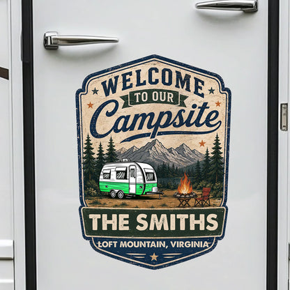 Personalized Campsite Sticker Decal, Vintage Camper & Mountain Scene, Unique Gift for Campers