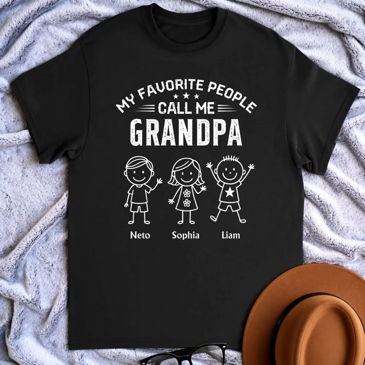 Grandpa Classic Tee with Waving Grandkids and Family Quote, Personalized Creative Gift with Heartwarming Style