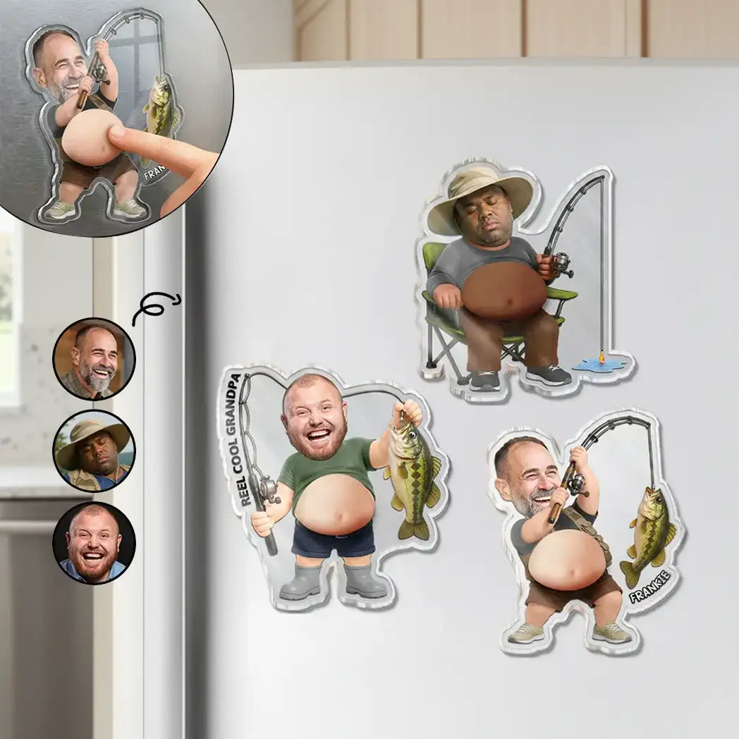 Personalized Silicone Belly Acrylic Magnet, Funny Fishing Dad Bod Photo, Unique Creative Gift for Dad Grandpa