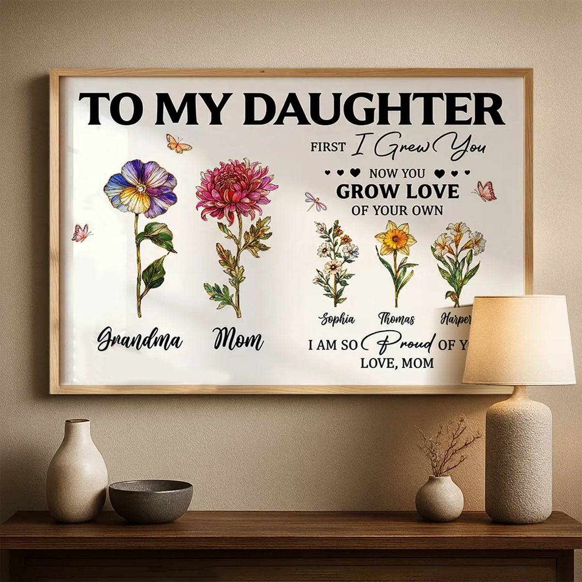 To My Daughter Poster with Floral Illustration and Loving Message, Personalized Wall Decor, Unique Gift for Daughter