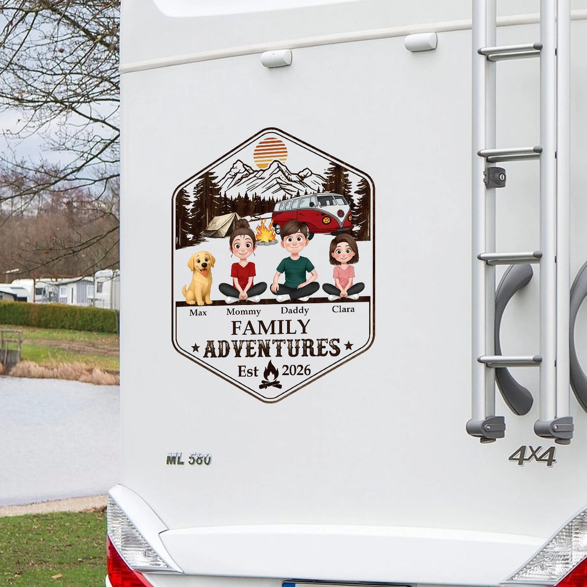 Family Adventures Sticker Decal, Custom Mountain RV Decor, Creative Gift for Mom, Dad & Dog Lovers