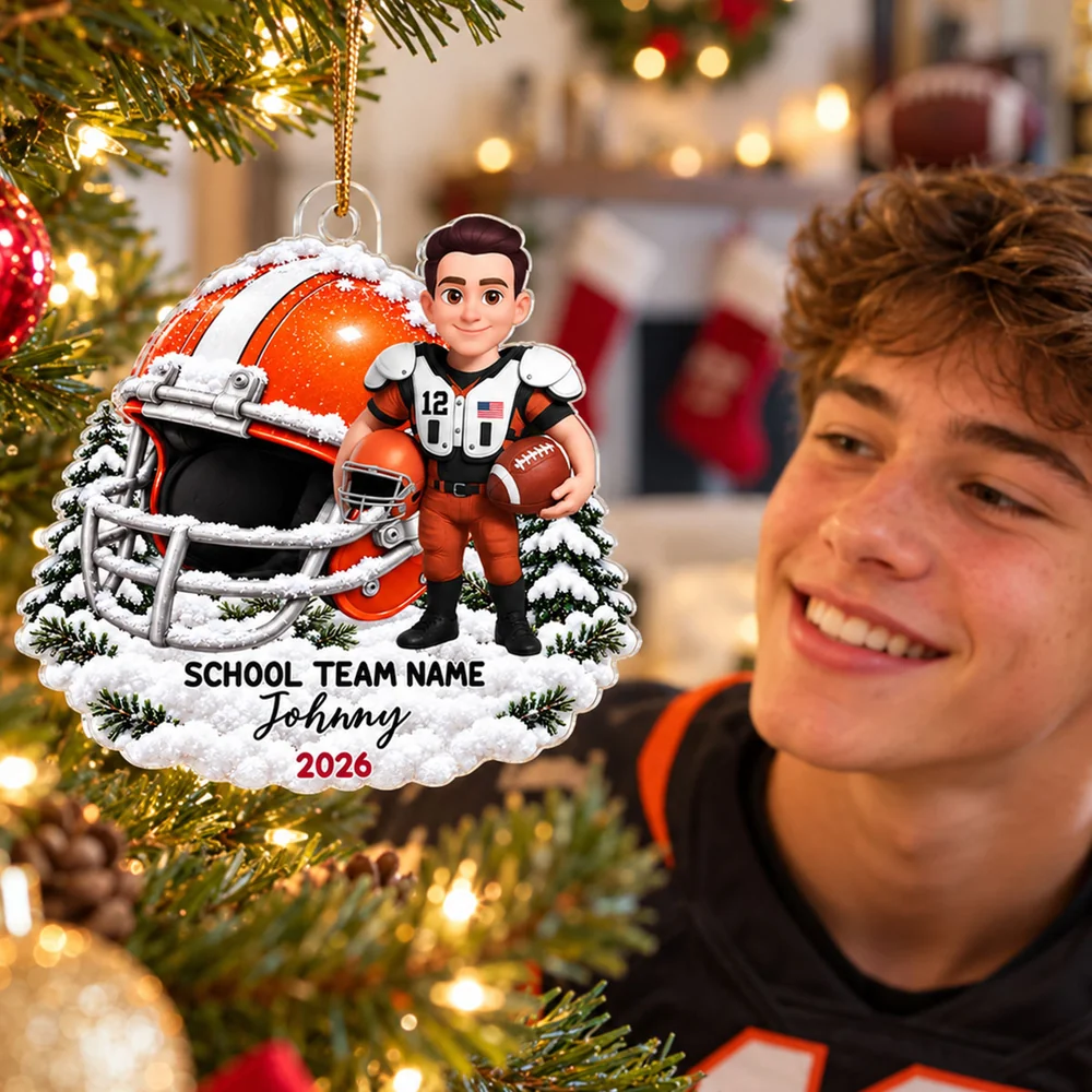Personalized Acrylic Ornament, Snowy Football Player Scene, Unique Keepsake Gift for Son or Grandson