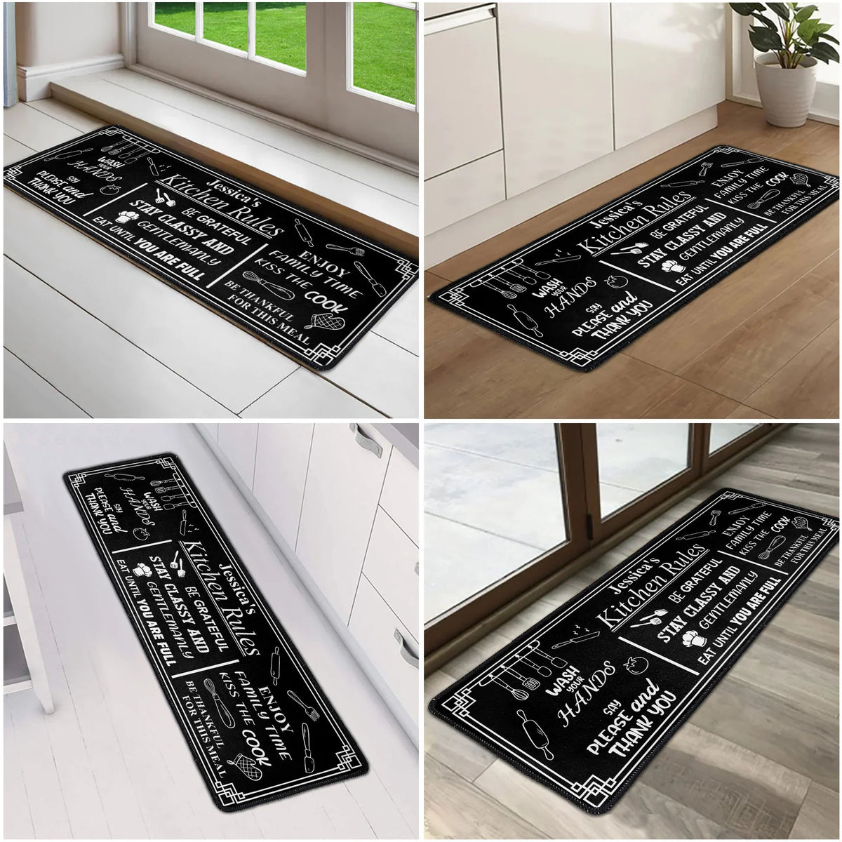 Personalized Kitchen Rules Standard Doormat, Black White Quote Style for Kitchen Entryway, Unique Housewarming Gift