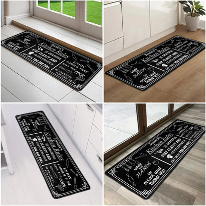 Personalized Kitchen Rules Standard Doormat, Black White Quote Style for Kitchen Entryway, Unique Housewarming Gift