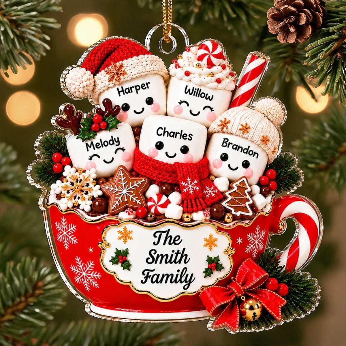 Personalized Acrylic Ornament, Cute Hot Cocoa Marshmallow Family, Unique Holiday Gift for Families