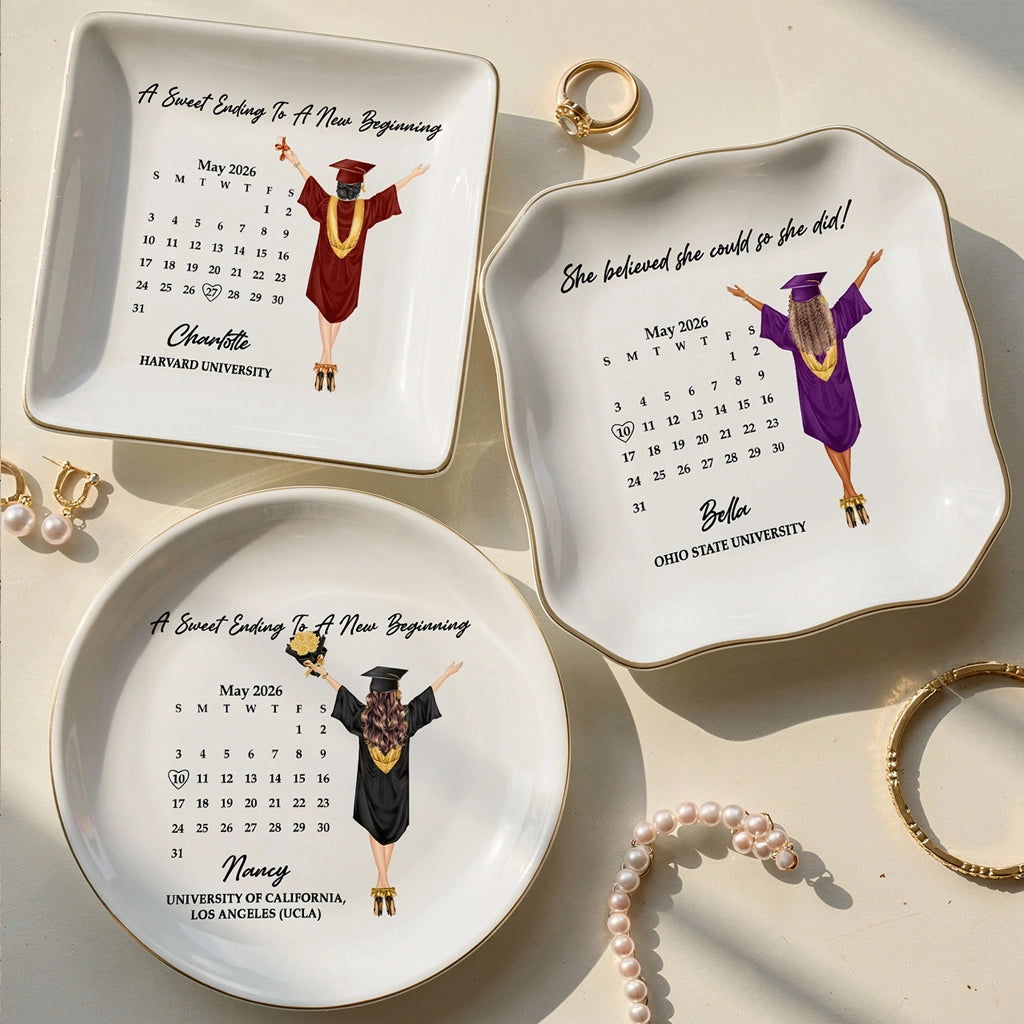Personalized Graduation Jewelry Dish, Custom Keepsake Vanity Tray With Graduate Tossing Cap, Unique Gift For Her