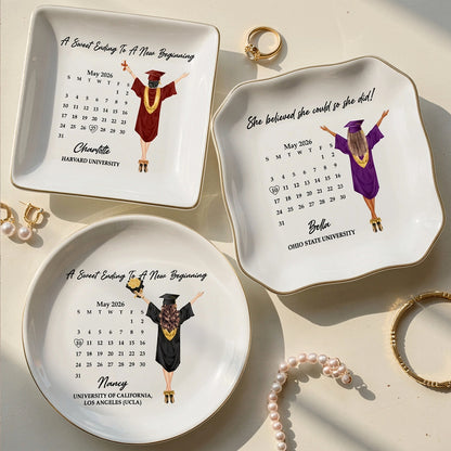 Personalized Graduation Jewelry Dish, Custom Keepsake Vanity Tray With Graduate Tossing Cap, Unique Gift For Her