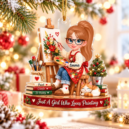 Personalized Acrylic Ornament, Girl Painting by a Christmas Tree, Unique Gift for Granddaughter