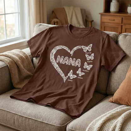 Personalized Classic Tee for Grandma, Lace Heart Nana Butterfly Design, Unique Custom Gift for Mother's Day