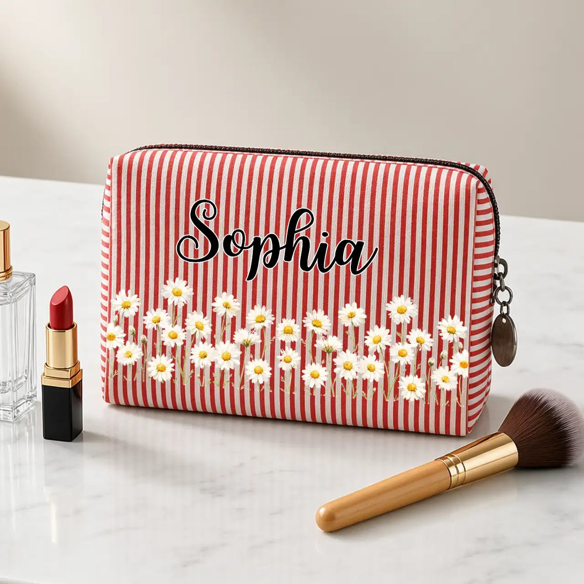Personalized Stripes Makeup Bag with Daisy Design, Unique Gift for Beauty Lover and Travel Storage