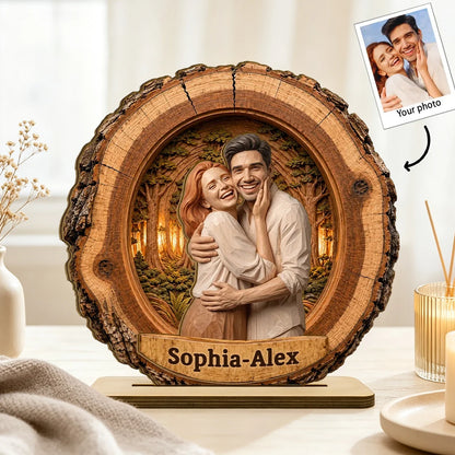 Personalized 2-Layer Wooden Plaque, AI Woodcut Style Hugging Couple Portrait, Unique Gift for Partner