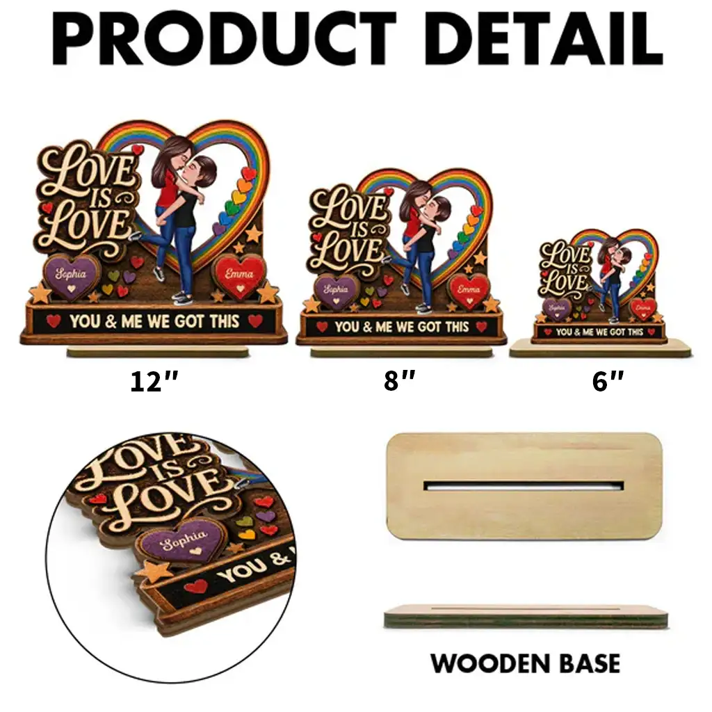 Personalized 2-Layer Wooden Plaque, Kissing LGBTQ Couple With Rainbow Heart, Unique Gift for Partner