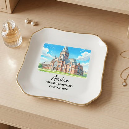 Personalized University Jewelry Dish with Campus Illustration, Unique Graduation Keepsake Gift for Her