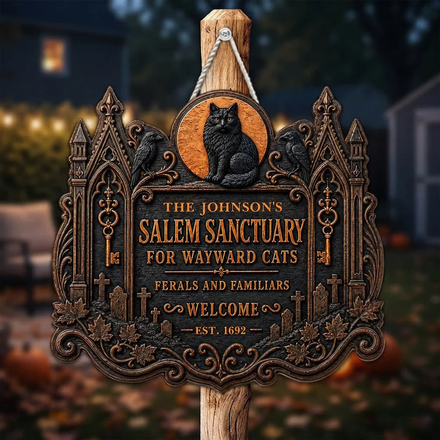 Wooden Sign with Black Cat and Ravens by a Haunted House, Personalized Welcome Decor, Creative Gift for Cat Owners