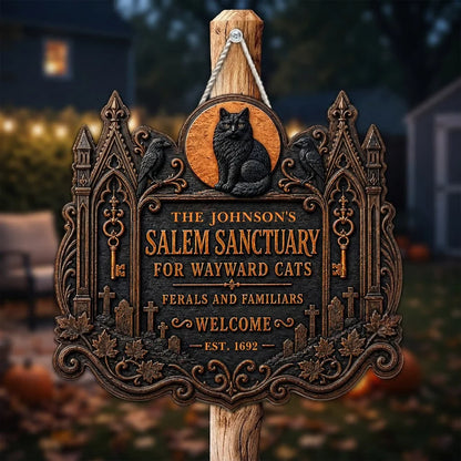 Wooden Sign with Black Cat and Ravens by a Haunted House, Personalized Welcome Decor, Creative Gift for Cat Owners