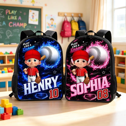 Personalized Kids School Backpack With Baseball Cartoon Player, Unique Back to School Gift for Son or Daughter