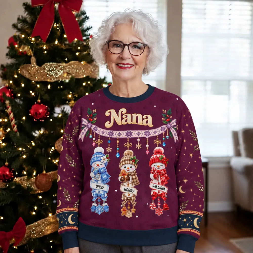 Grandma Printed Sweatshirt, Personalized Snowman Family in Festive Red, Creative Christmas Gift from Grandkids
