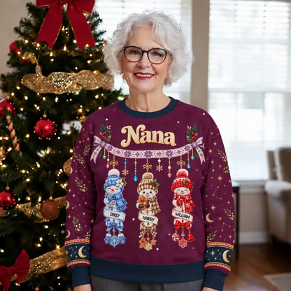 Grandma Printed Sweatshirt, Personalized Snowman Family in Festive Red, Creative Christmas Gift from Grandkids