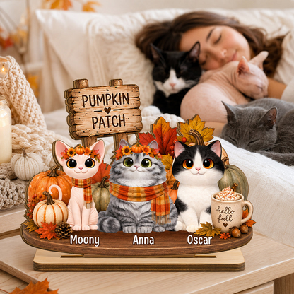 Personalized 2-Layer Wooden Plaque, Sitting Cat in Pumpkin Patch, Unique Fall Gift for Cat Lovers