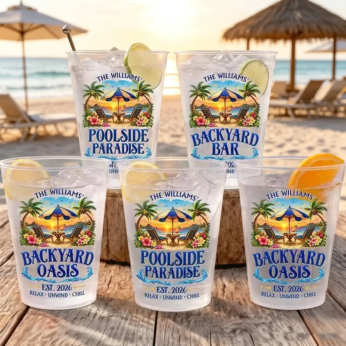 Personalized Frosted Plastic Cup with Tropical Poolside Art, Unique Gift for Families and Backyard Hosts