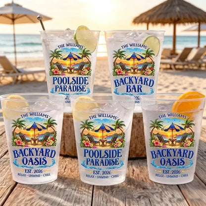 Personalized Frosted Plastic Cup with Tropical Poolside Art, Unique Gift for Families and Backyard Hosts