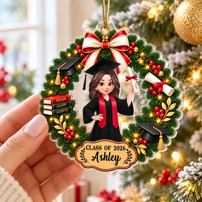 Personalized Acrylic Ornament, Graduate Holding Diploma in Red and Green Christmas Wreath, Creative Keepsake Gift