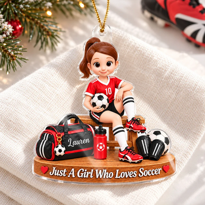 Personalized Acrylic Ornament, Red Cartoon Soccer Girl Holding a Ball, Unique Christmas Gift for Young Player
