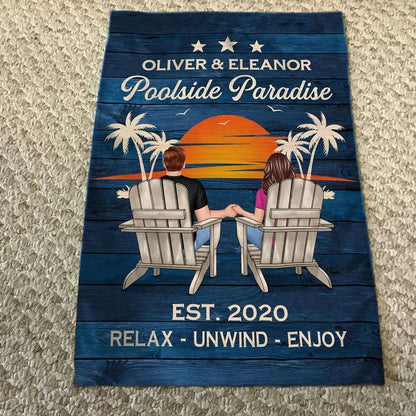 Relaxing Poolside Paradise Decor with Optional Flag Background Couple Sitting Personalized Flag, Sign, Vase - Perfect for Garden, Housewarming, Birthday, Anniversary Gift for Him, Her