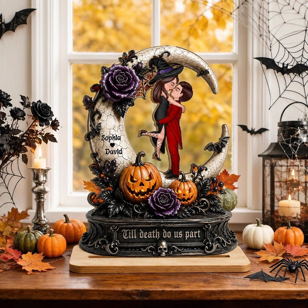 2-Layer Wooden Plaque with Spooky Couple & Pumpkins, Custom Romantic Keepsake, Creative Gift for a Couple
