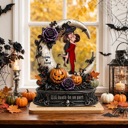 2-Layer Wooden Plaque with Spooky Couple & Pumpkins, Custom Romantic Keepsake, Creative Gift for a Couple