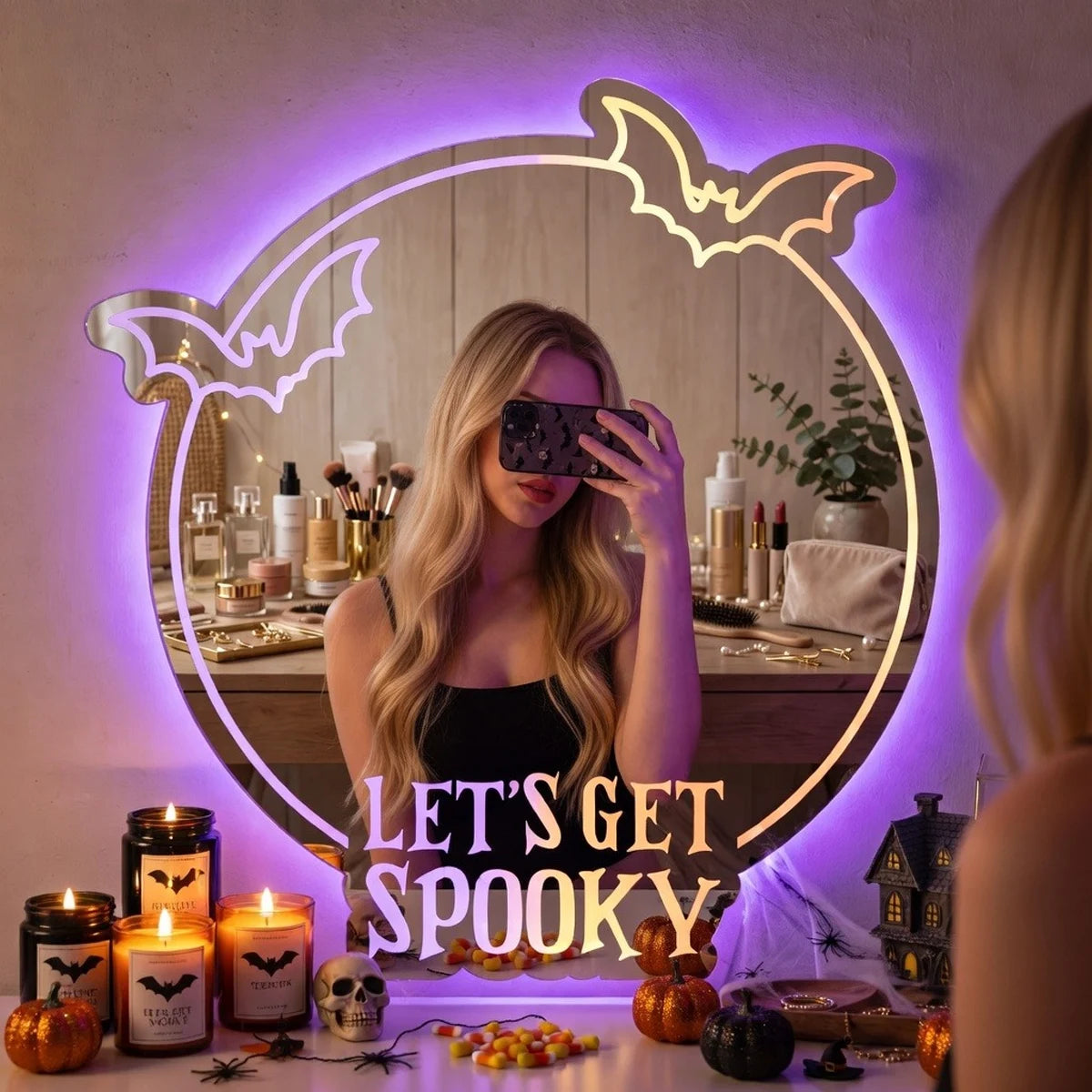 Personalized LED Acrylic Mirror, Let's Get Spooky Bats and Purple Glow for Mirror Selfies, Unique Gift for Her
