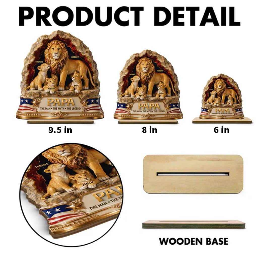Personalized 2-Layer Wooden Plaque With Lion Dad & Cubs, Unique Father's Day Gift for Dad