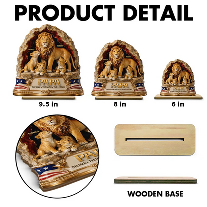 Personalized 2-Layer Wooden Plaque With Lion Dad & Cubs, Unique Father's Day Gift for Dad