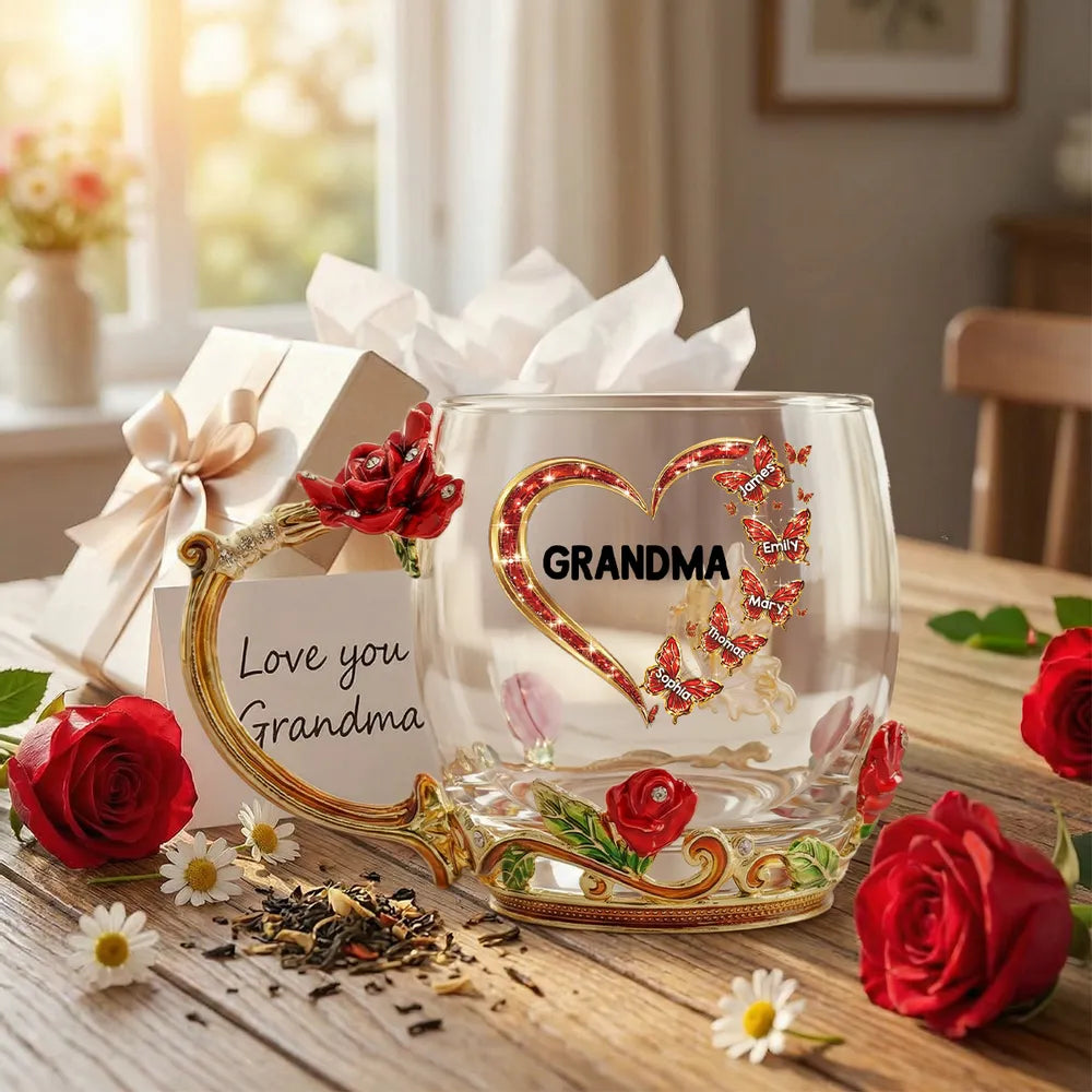 Personalized Enamel Flower Tea Cup for Grandma - Butterfly Heart Design, Unique Gift for Her Tea Moments