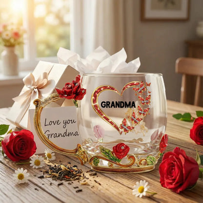 Personalized Enamel Flower Tea Cup for Grandma - Butterfly Heart Design, Unique Gift for Her Tea Moments