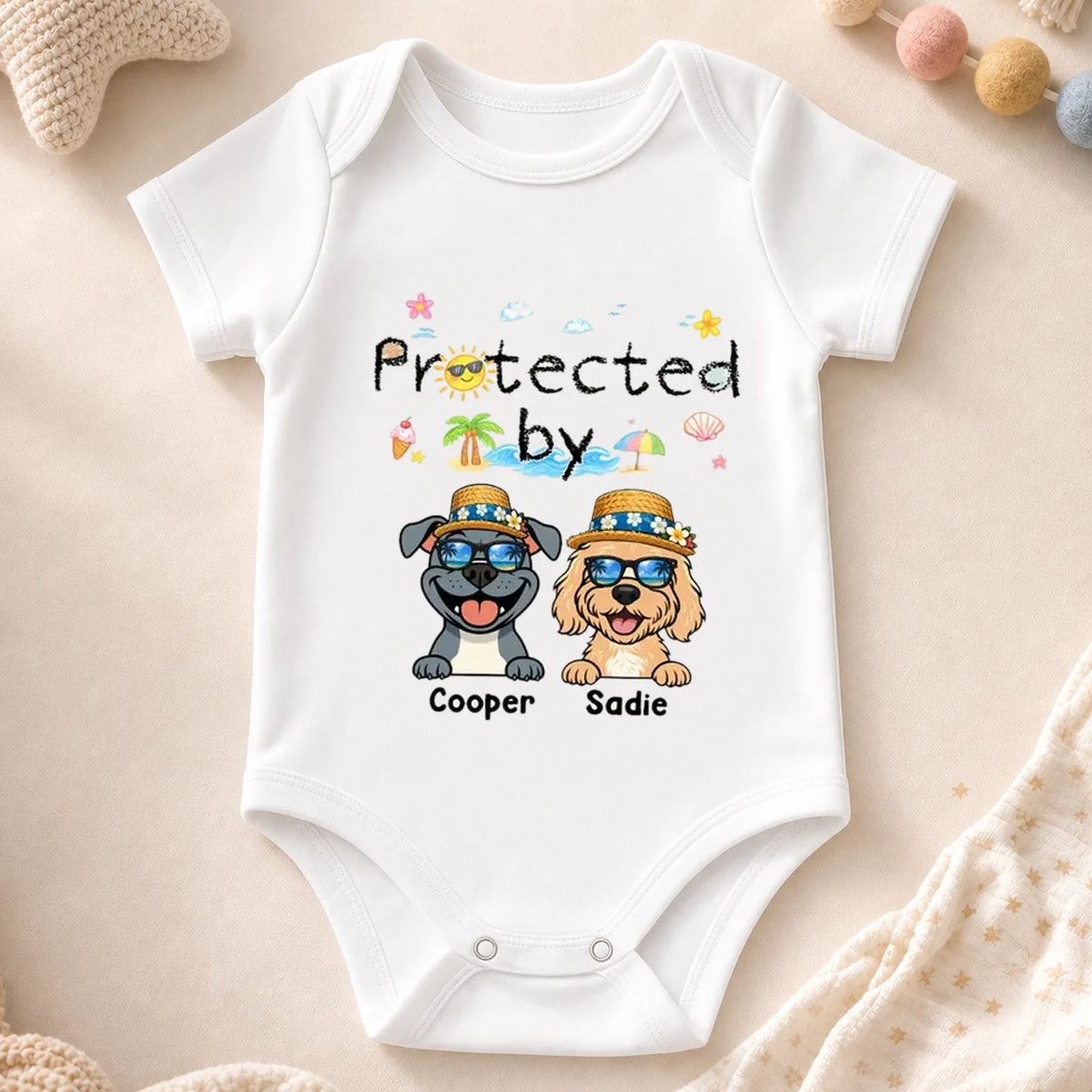 Protected by Summer Dogs Personalized Short Sleeve Baby Onesie, Unique Creative Gift for New Parents