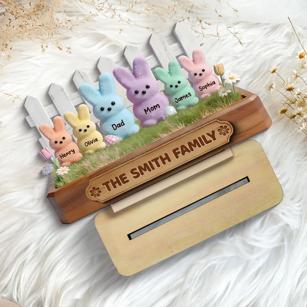 Personalized Easter Bunny Family 2-Layer Wooden Plaque, Pastel Spring Shelf Decor, Unique Gift For Family