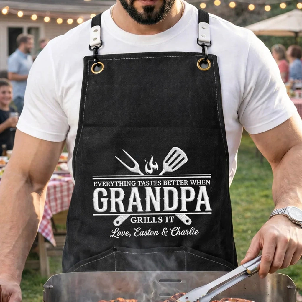 Everything Tastes Better Personalized Canvas Pocket Apron, Unique Grill Gift for Grandpa