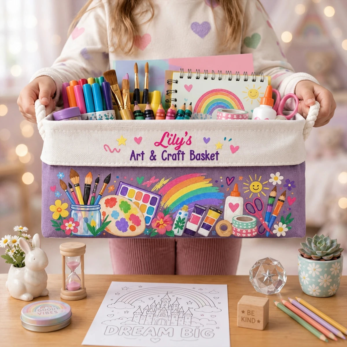 Cotton Linen Rope Basket, Child Holding Colorful Art Supplies, Personalized Creative Gift for Young Artists