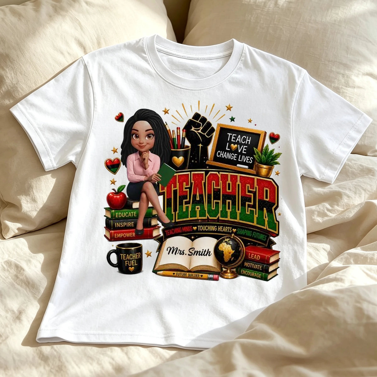 Personalized Classic Tee for African American Teacher, Teach Love Graphic, Unique Creative Gift for School