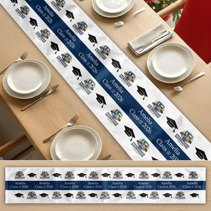 Custom Graduation Table Runner With Cap Icons and Bold Blue Layout, Graduation Party Centerpiece, Creative Gift