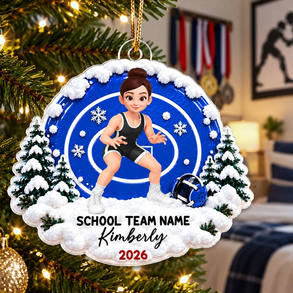 Personalized Acrylic Ornament, Young Wrestler in Action on a Snowy Mat, Unique Christmas Gift for Kids