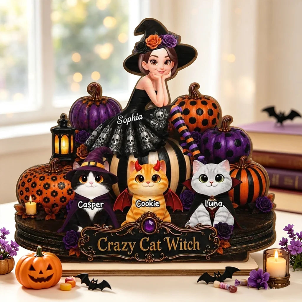 Personalized 2-Layer Wooden Plaque, Cat Witch with Costumed Cats and Pumpkins, Unique Gift for Cat Lovers